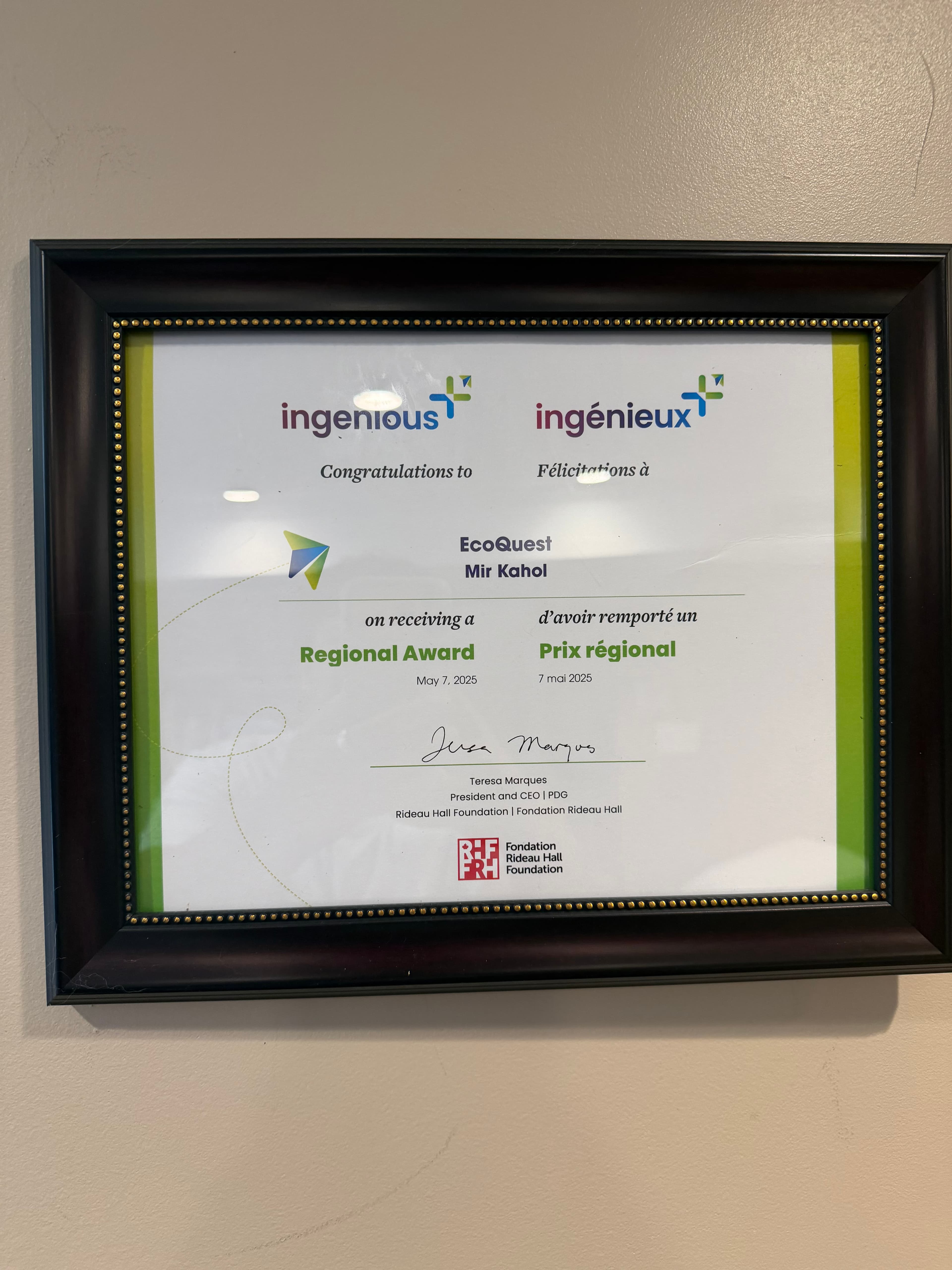 Framed Ingenious+ Regional Award certificate presented to Mir Kahol for EcoQuest