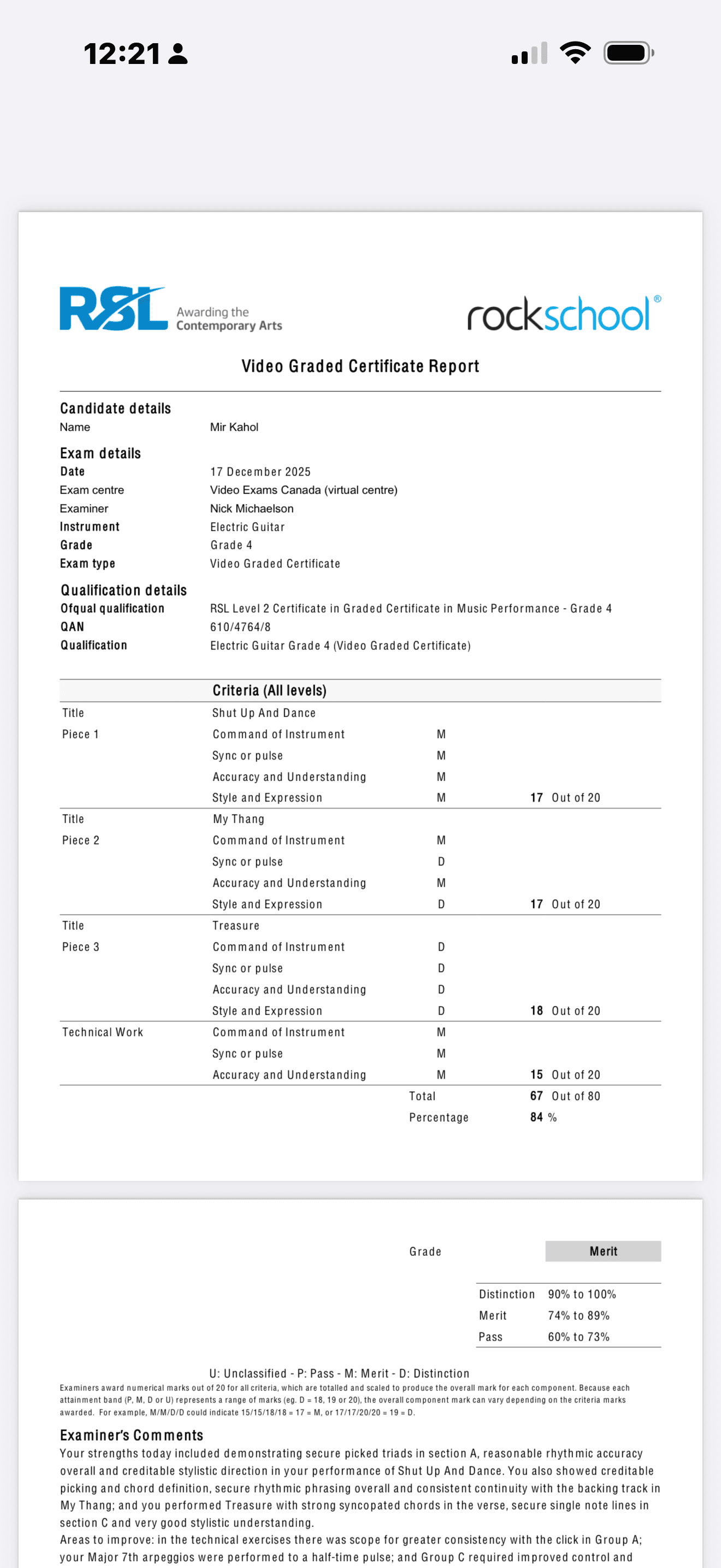 RSL Rockschool Grade 4 Electric Guitar Video Graded Certificate for Mir Kahol, awarded a Merit at 84 percent