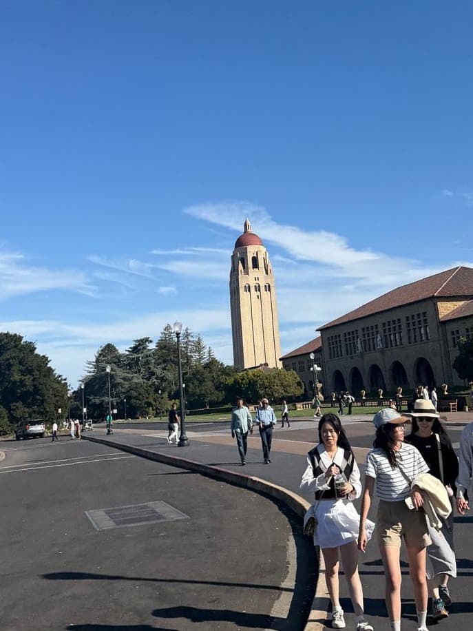 Hoover Tower and Stanford's sandstone buildings along a campus road on a sunny day